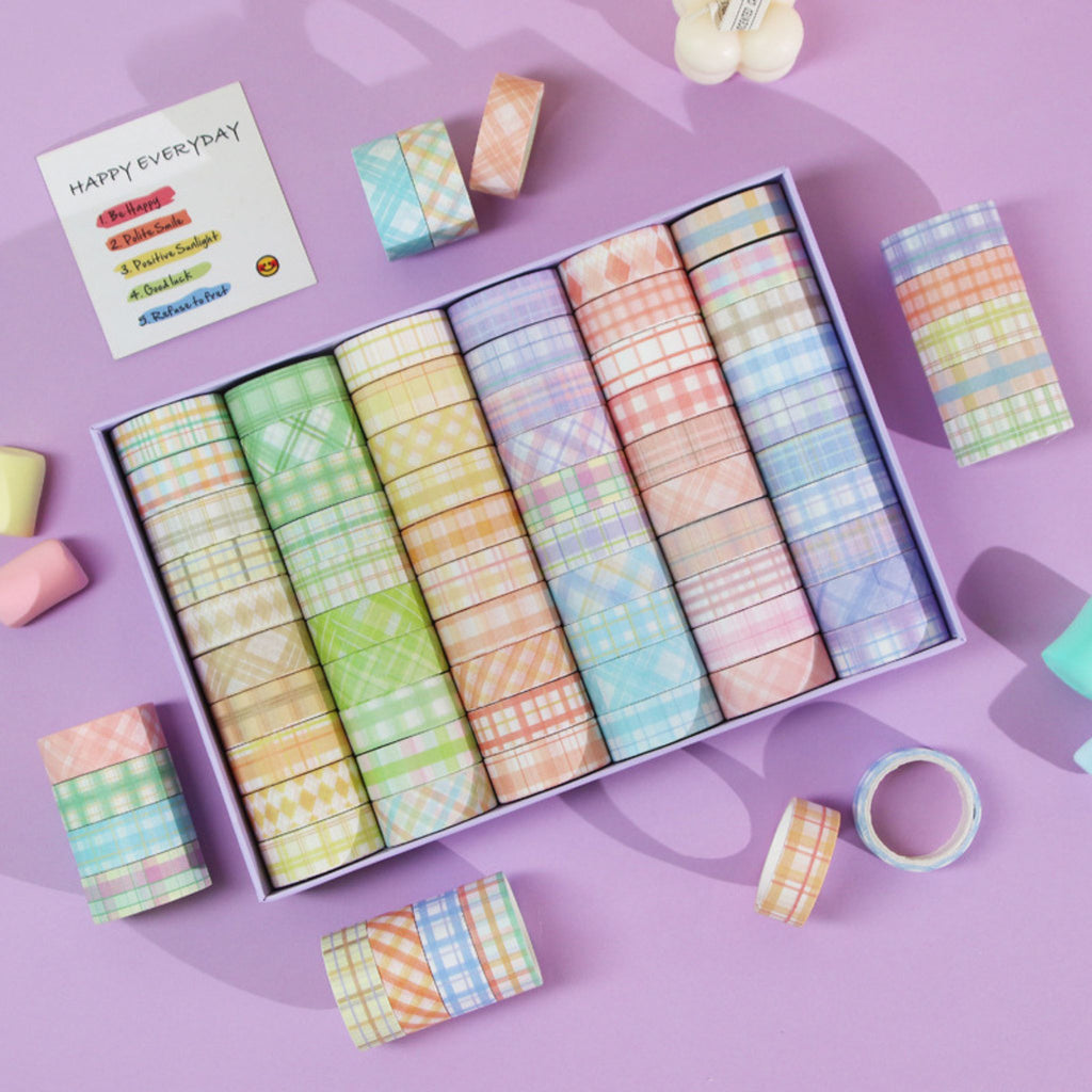 Pastel Plaid Washi Tape Set 60 Rolls, Purple Box with Narrow 15mm Rolls and Scissors