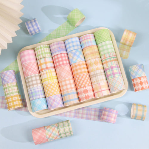 Pastel Plaid Washi Tape Set 30 Rolls, Blue Box with Wide 30mm Rolls and Assorted Loose Tapes