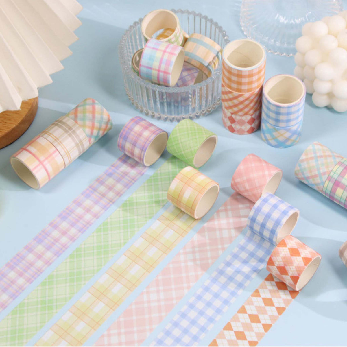 Pastel Plaid Washi Tape Set, Assorted Rolls in a Decorative Tray with Scattered Tapes