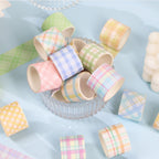 Pastel Plaid Washi Tape Set, Loose Rolls and Cut Swatches Showing Assorted Pastel Patterns