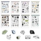 A full 8-sheet set of daily life and pet themed PVC stickers, featuring hand-drawn watercolor illustrations of coffee, cameras, music gear, cute animals, and decorative elements, with a few loose cut-out stickers displayed at the bottom.