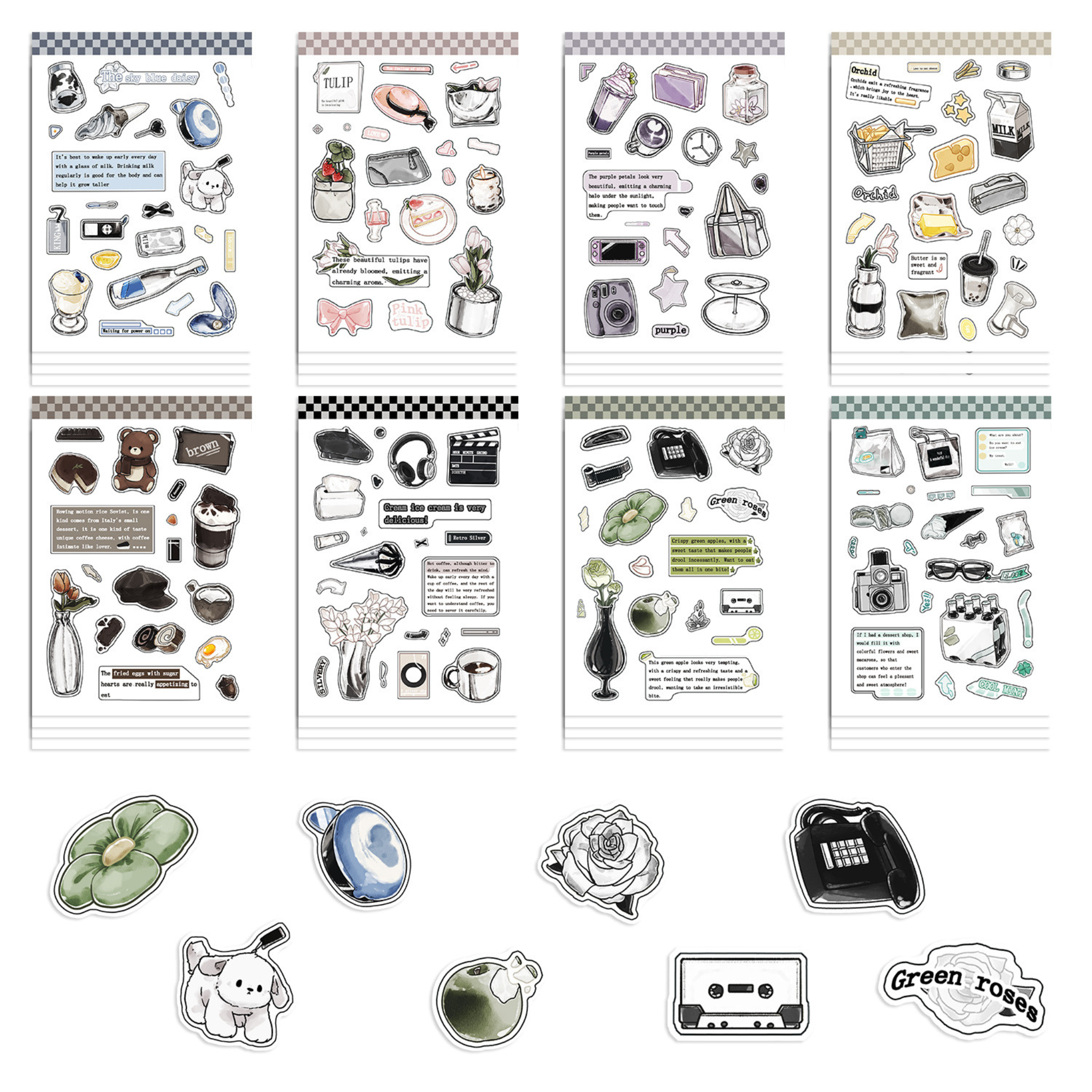 A full 8-sheet set of daily life and pet themed PVC stickers, featuring hand-drawn watercolor illustrations of coffee, cameras, music gear, cute animals, and decorative elements, with a few loose cut-out stickers displayed at the bottom.