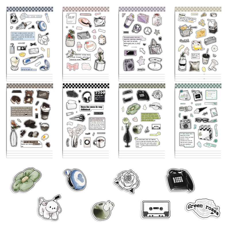 A full 8-sheet set of daily life and pet themed PVC stickers, featuring hand-drawn watercolor illustrations of coffee, cameras, music gear, cute animals, and decorative elements, with a few loose cut-out stickers displayed at the bottom.