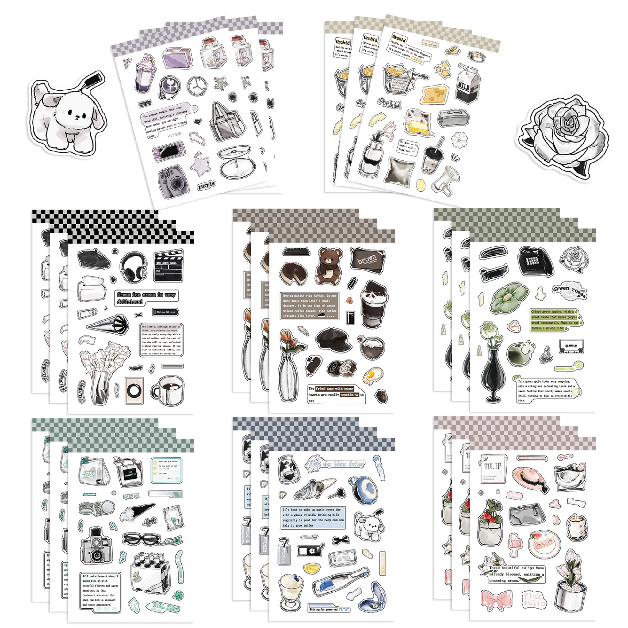 A full 8-sheet display of daily life and pet themed PVC stickers, featuring hand-drawn illustrations of coffee cups, cameras, music gear, cute animals, roses, and everyday objects, with two cut-out stickers shown on the top corners.