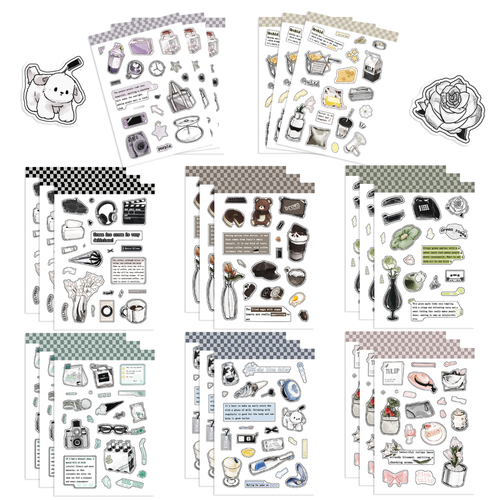 A full 8-sheet display of daily life and pet themed PVC stickers, featuring hand-drawn illustrations of coffee cups, cameras, music gear, cute animals, roses, and everyday objects, with two cut-out stickers shown on the top corners.