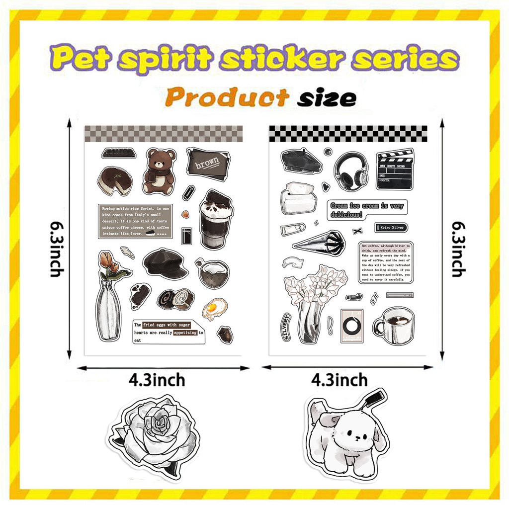 Product size guide for the daily life and pet PVC sticker set, showing each sheet measures 6.3 by 4.3 inches (about 11 by 16 cm), with two sample sheets and cut-out stickers displayed below.
