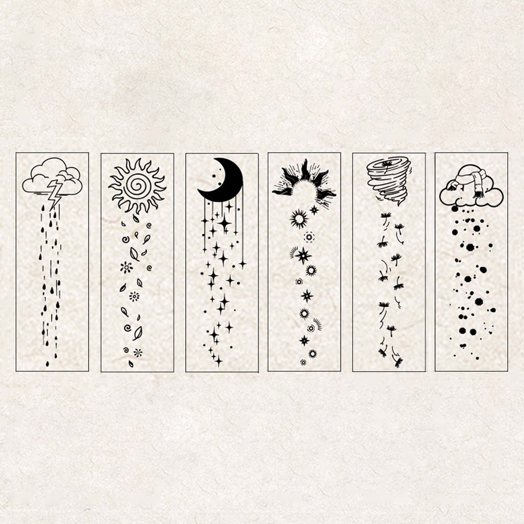 A flat-lay of 6 stamped line-art designs from the Rain Sleep Notes set, each featuring a vertical layout of rain clouds, sun with leaves, moon and stars, sunburst, wind swirl, and rain clouds with dots, displayed on a textured background.