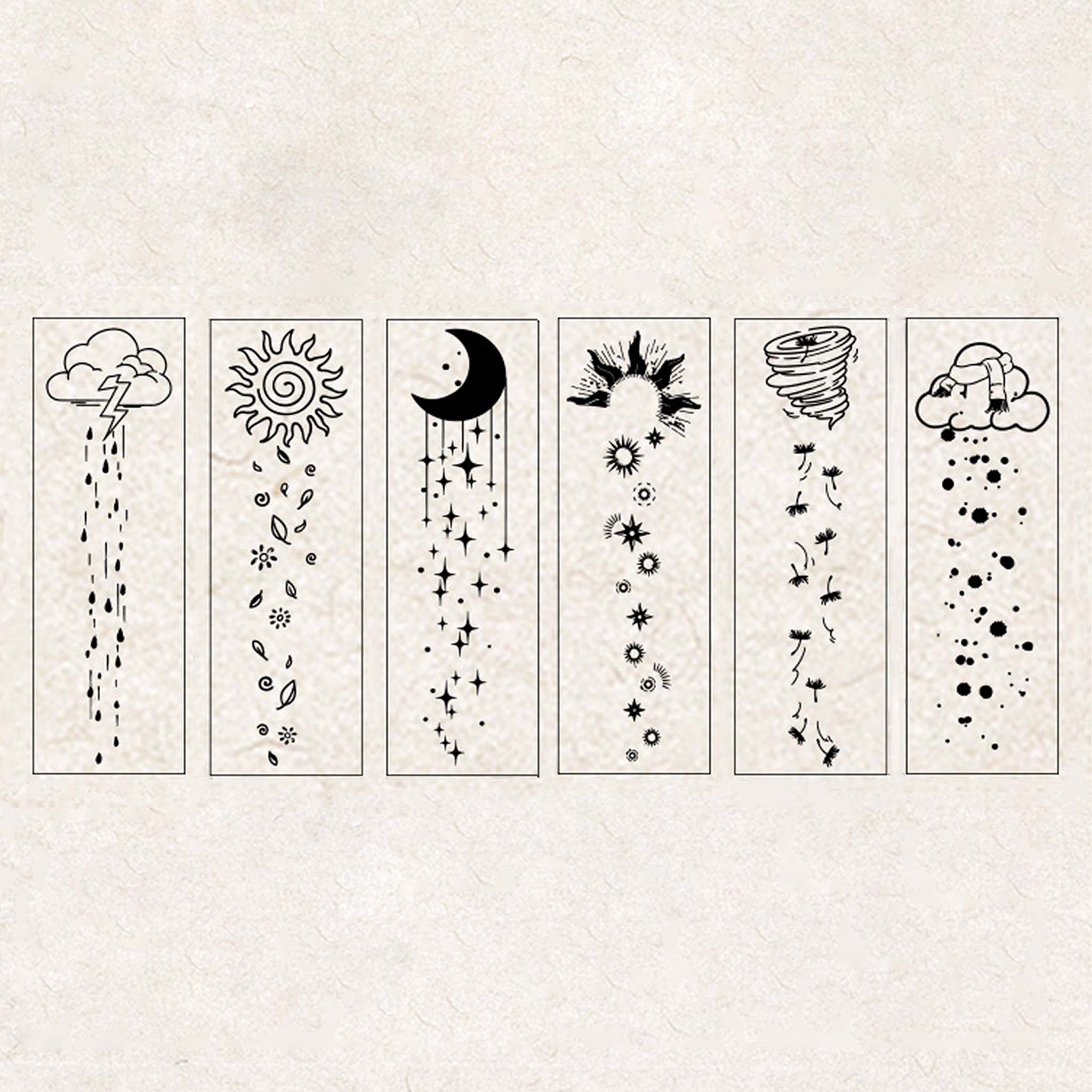 A flat-lay of 6 stamped line-art designs from the Rain Sleep Notes set, each featuring a vertical layout of rain clouds, sun with leaves, moon and stars, sunburst, wind swirl, and rain clouds with dots, displayed on a textured background.
