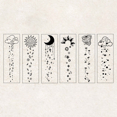 A flat-lay of 6 stamped line-art designs from the Rain Sleep Notes set, each featuring a vertical layout of rain clouds, sun with leaves, moon and stars, sunburst, wind swirl, and rain clouds with dots, displayed on a textured background.