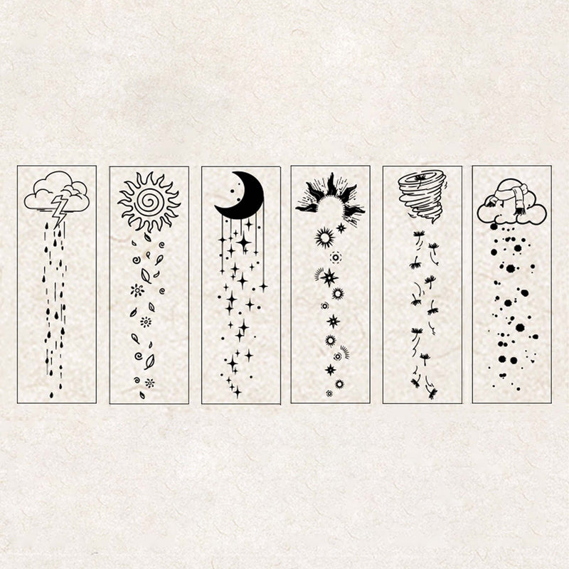 A flat-lay of 6 stamped line-art designs from the Rain Sleep Notes set, each featuring a vertical layout of rain clouds, sun with leaves, moon and stars, sunburst, wind swirl, and rain clouds with dots, displayed on a textured background.