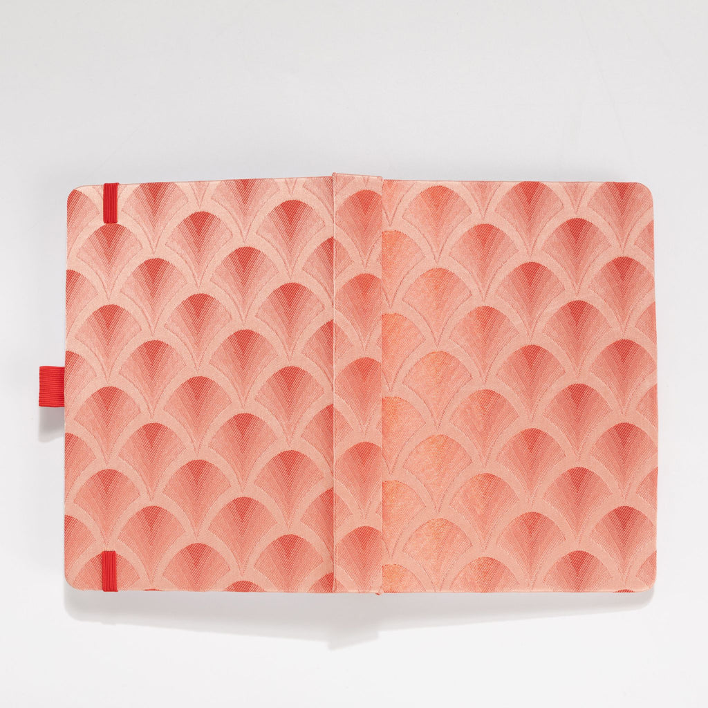 Flat lay of the red scalloped fabric cover fully opened.