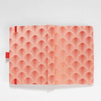 Flat lay of the red scalloped fabric cover fully opened.