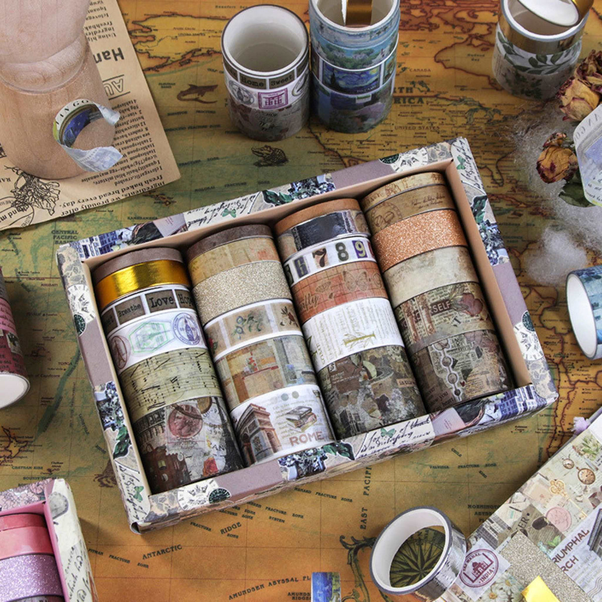Vintage Elegance Washi Tape Set 24 Rolls Multi-Width, Boxed Rolls with Loose Tapes on Wooden Desk