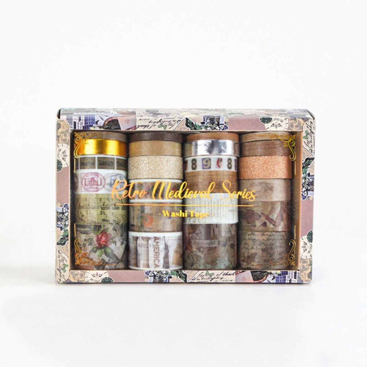 Vintage Elegance Washi Tape Set 24 Rolls Multi-Width, Vintage Brown Series Boxed Display