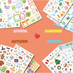 Four sheets of decorative planner stickers arranged on a peach background, labeled Spring, Summer, Autumn, and Winter with a pink heart in the center. The stickers feature colorful seasonal illustrations and text elements.