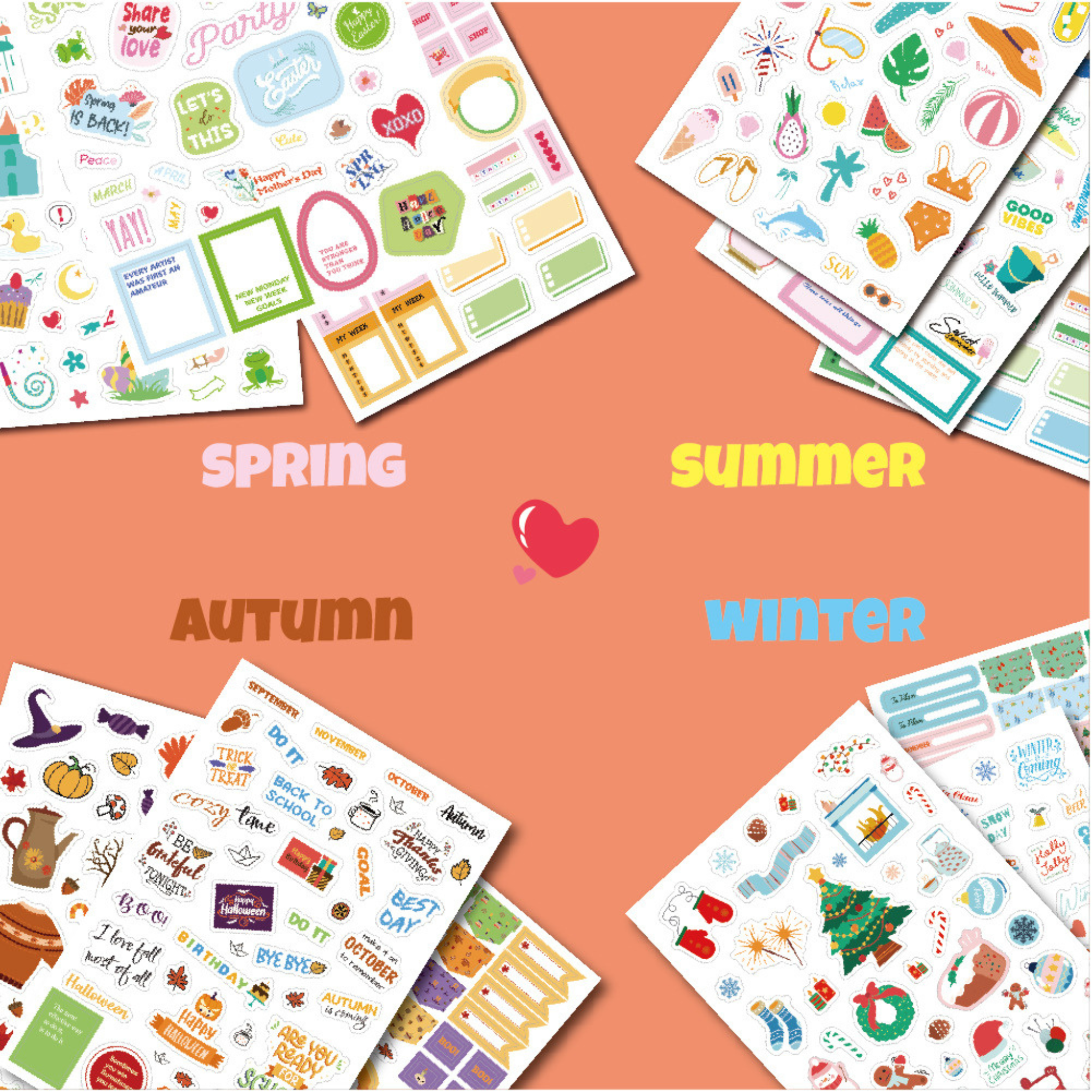 Four sheets of decorative planner stickers arranged on a peach background, labeled Spring, Summer, Autumn, and Winter with a pink heart in the center. The stickers feature colorful seasonal illustrations and text elements.