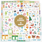 A sticker sheet set with 18 sheets containing 660 colorful stickers, featuring various summer-themed illustrations like sunglasses, ice cream, beach hats, and holiday motifs, with a central gold circle reading '660 STICKERS 18 SHEETS'.