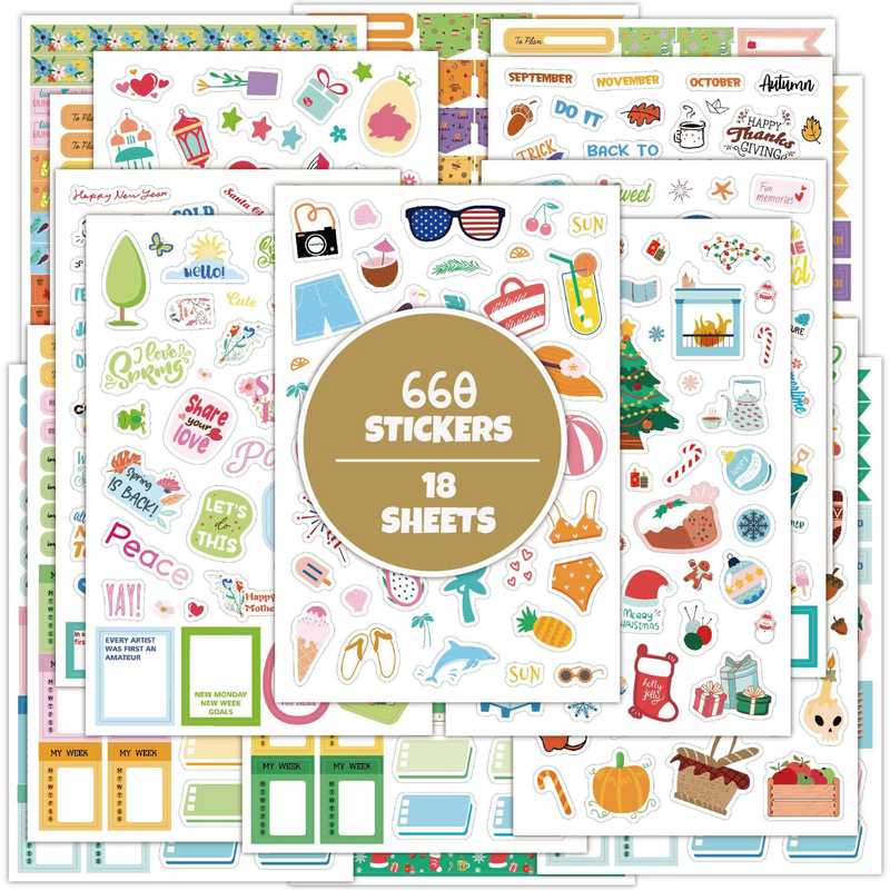 A sticker sheet set with 18 sheets containing 660 colorful stickers, featuring various summer-themed illustrations like sunglasses, ice cream, beach hats, and holiday motifs, with a central gold circle reading '660 STICKERS 18 SHEETS'.