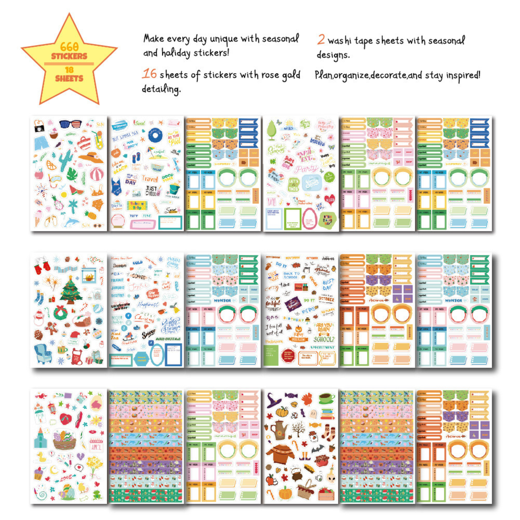 A collage of many planner sticker sheets with colorful icons, labels, and decorative elements, plus marketing text at the top including '660 stickers in 16 sheets' and '2 washi tape sheets with seasonal designs.' This is not a clean single-product studio shot and not a person/environment scene, so Product/Packaging is the best fit because the product itself is shown directly rather than as an auxiliary chart or instruction diagram.