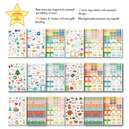 A collage of many planner sticker sheets with colorful icons, labels, and decorative elements, plus marketing text at the top including '660 stickers in 16 sheets' and '2 washi tape sheets with seasonal designs.' This is not a clean single-product studio shot and not a person/environment scene, so Product/Packaging is the best fit because the product itself is shown directly rather than as an auxiliary chart or instruction diagram.
