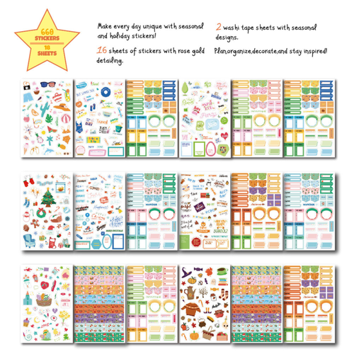 A collage of many planner sticker sheets with colorful icons, labels, and decorative elements, plus marketing text at the top including '660 stickers in 16 sheets' and '2 washi tape sheets with seasonal designs.' This is not a clean single-product studio shot and not a person/environment scene, so Product/Packaging is the best fit because the product itself is shown directly rather than as an auxiliary chart or instruction diagram.