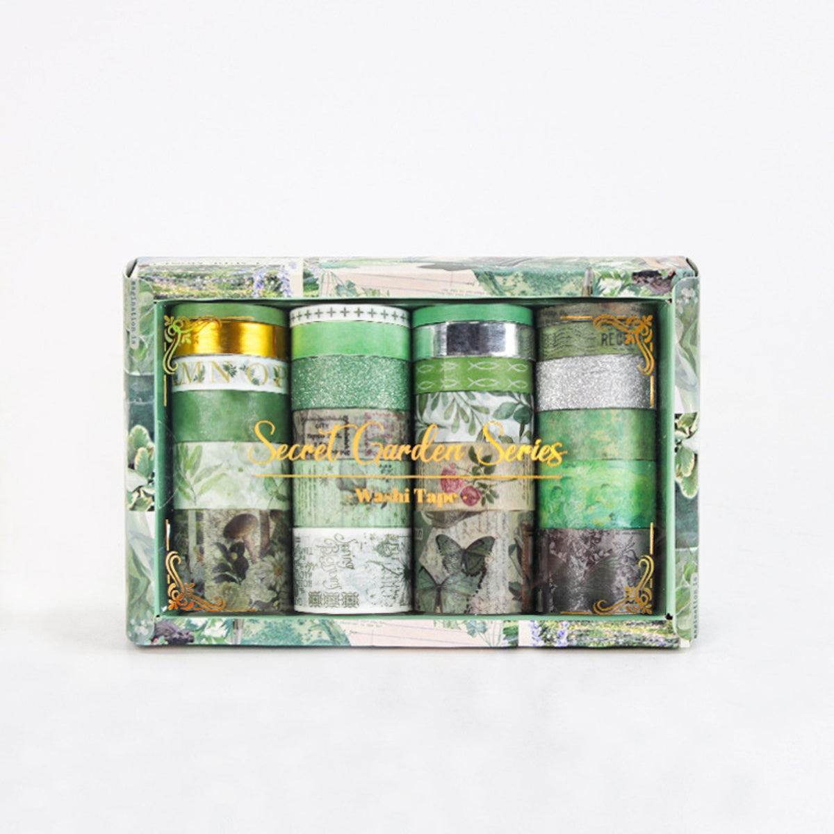 Vintage Elegance Washi Tape Set 24 Rolls Multi-Width, Green Garden Series Boxed Display