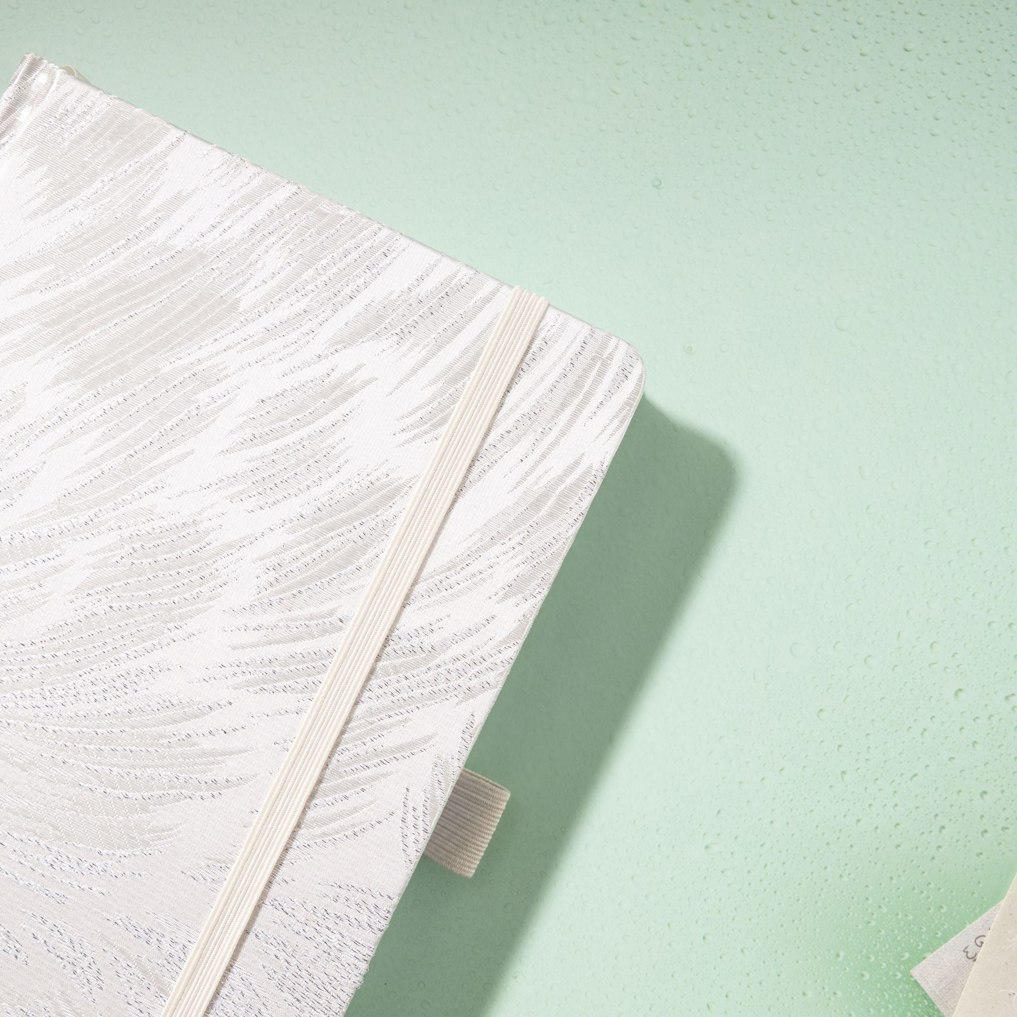 Close-up of the raised silver embroidered texture on a white fabric cover, with elastic strap