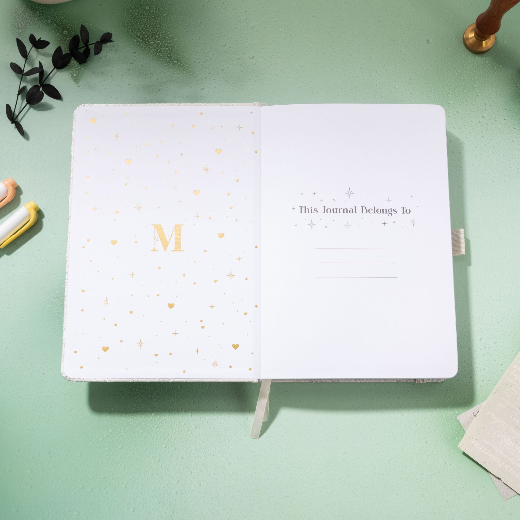 Inside title page featuring a gold foil 'M' logo and 'This Journal Belongs To' section on a silver embroidered journal