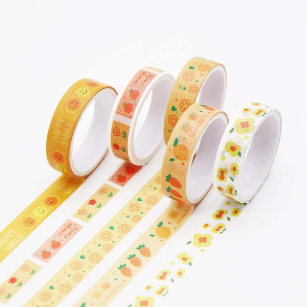 Cute Illustrated Washi Tape Set, Sunny Apricot 5 Rolls Display