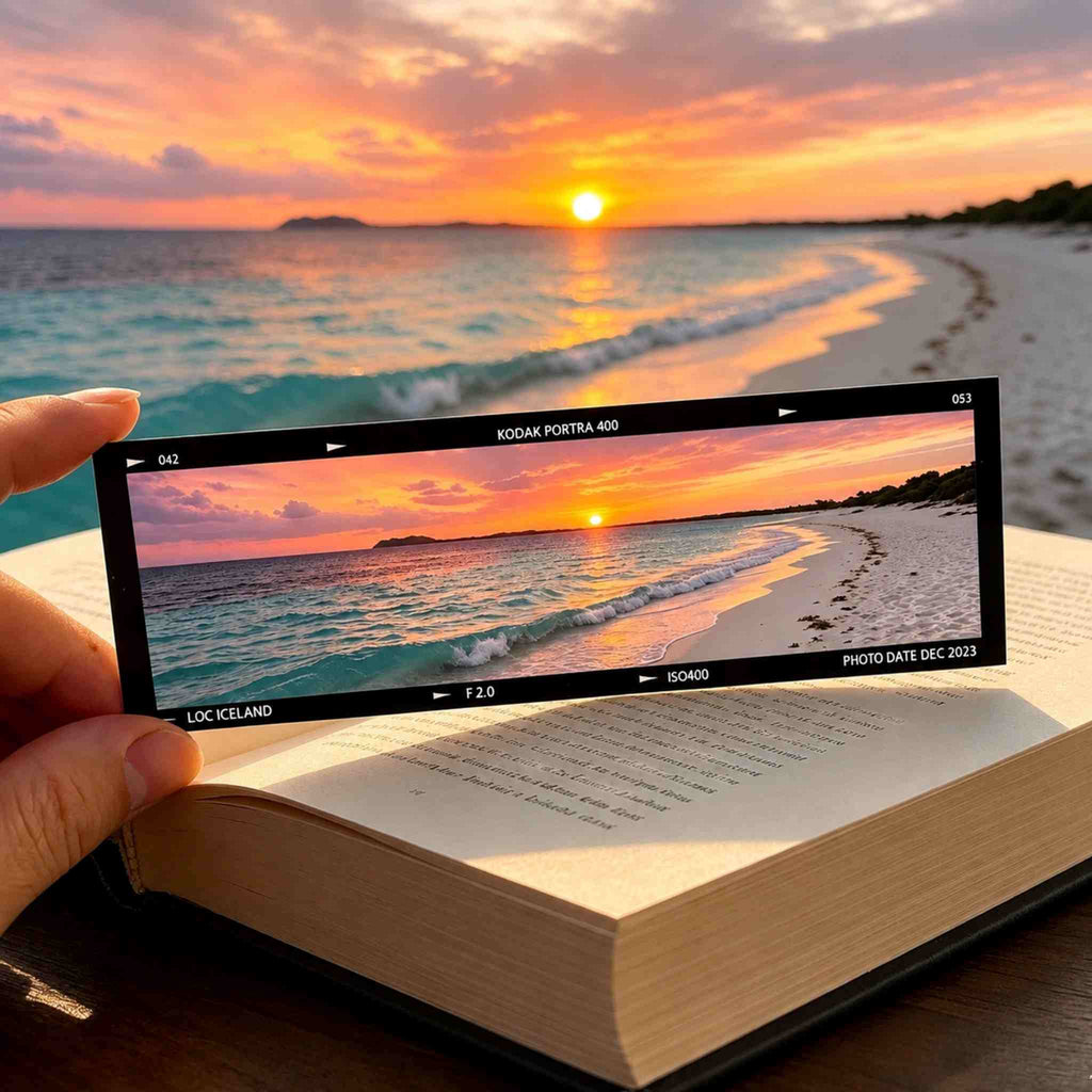 Film frame acrylic bookmark – sunset beach scene