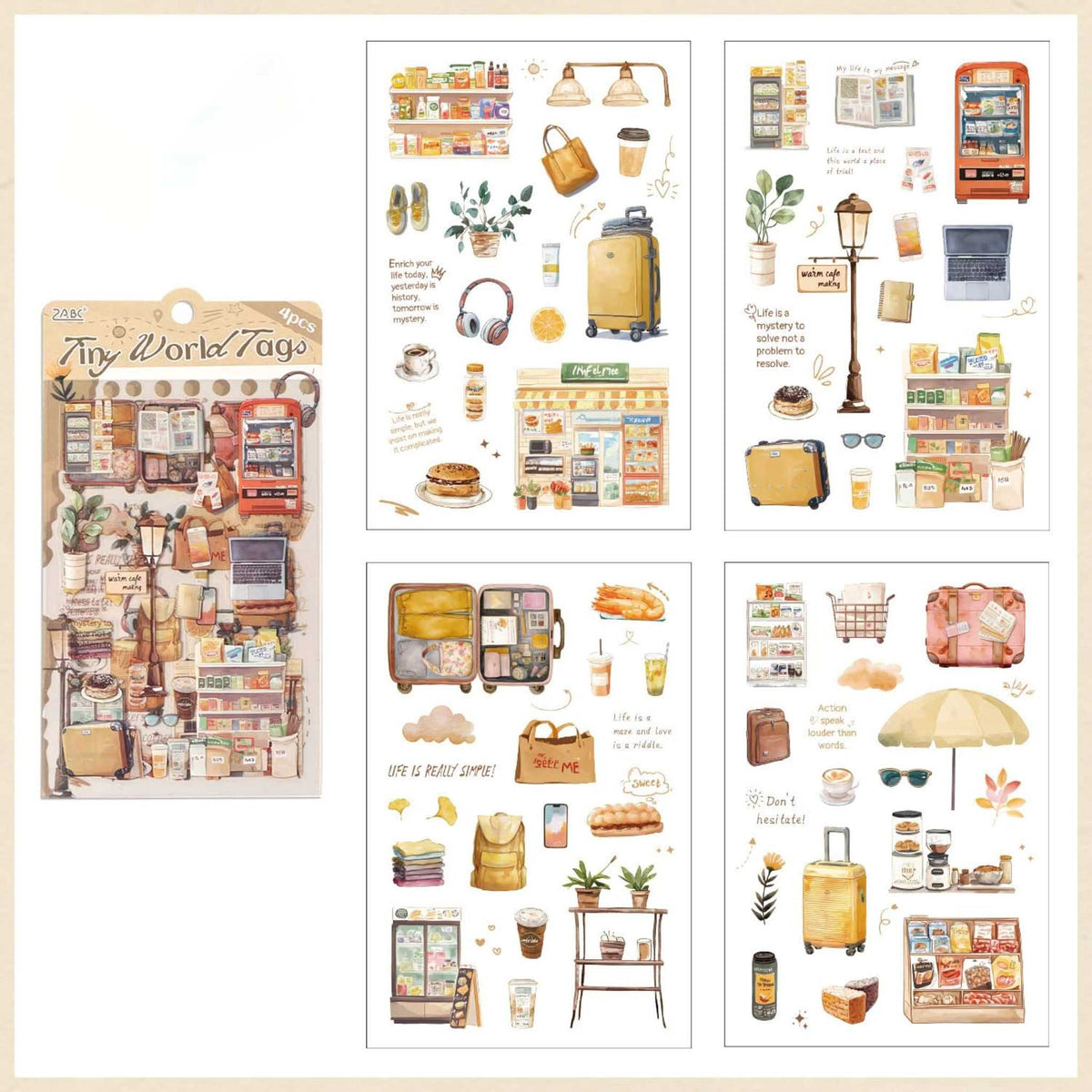 Travel Transparent PET Sticker Set, Yellow Theme 4-Sheet Pack Display