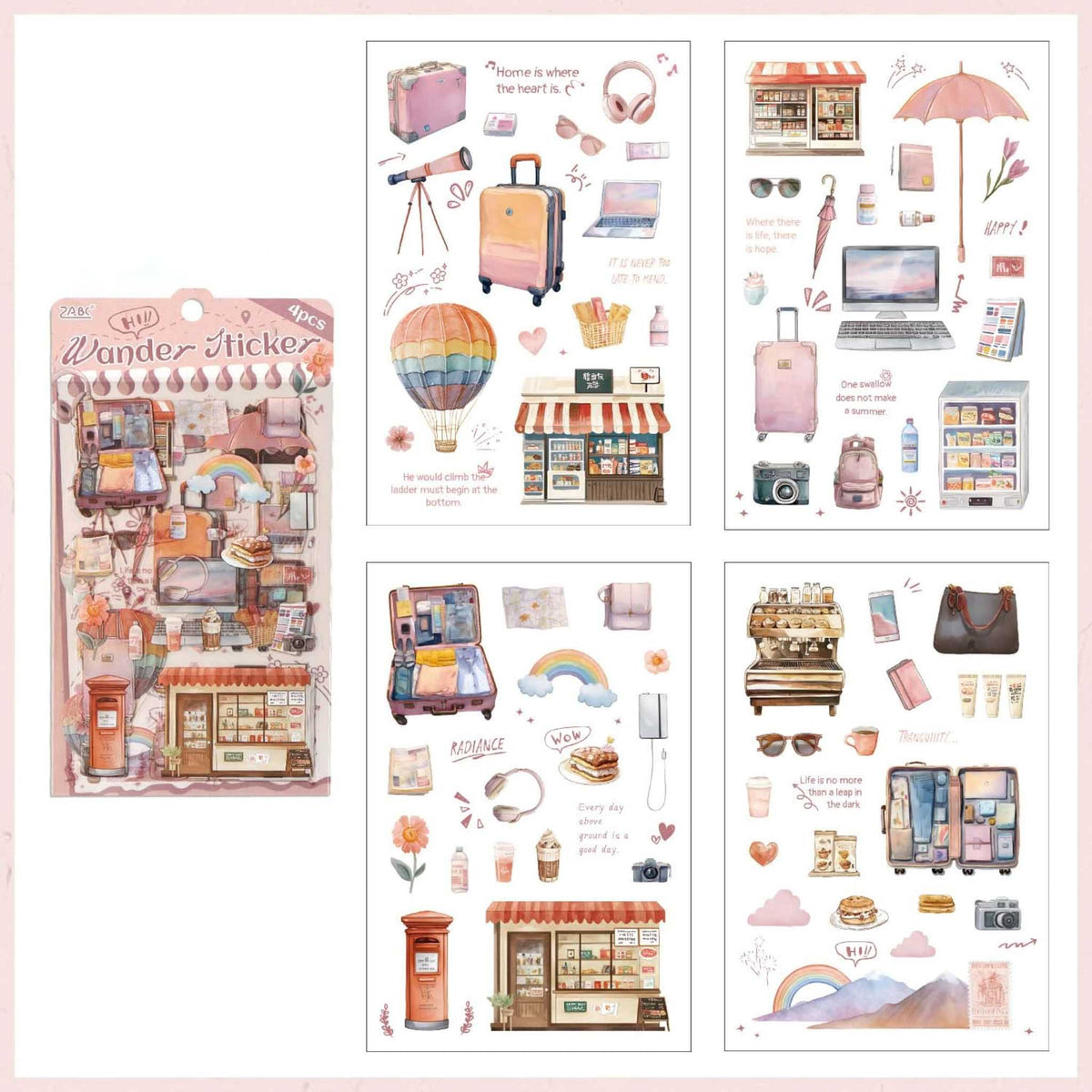 Travel Transparent PET Sticker Set, Pink Theme 4-Sheet Pack Display