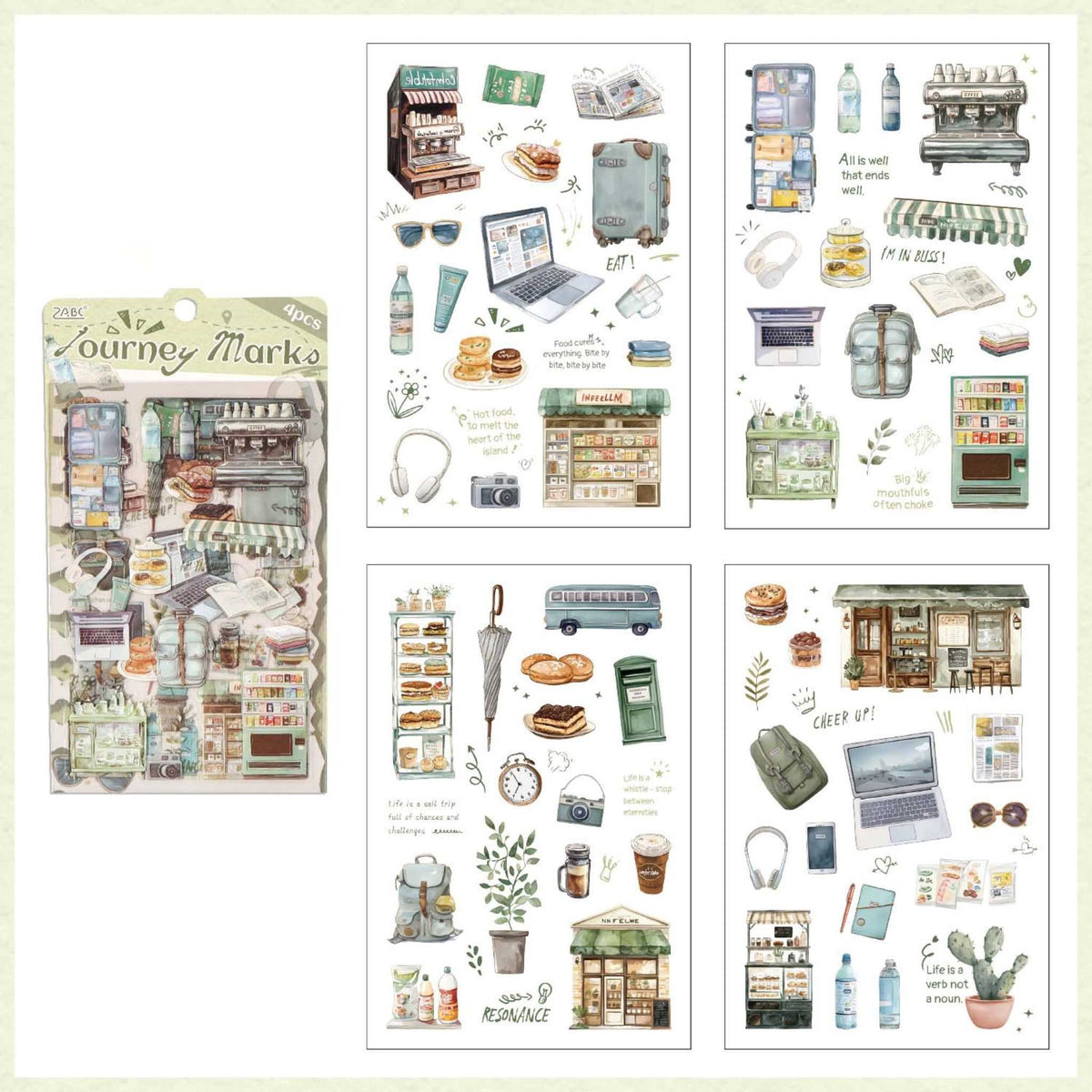 Travel Transparent PET Sticker Set, Green Theme 4-Sheet Pack Display