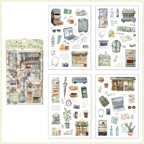 Travel Transparent PET Sticker Set, Green Theme 4-Sheet Pack Display