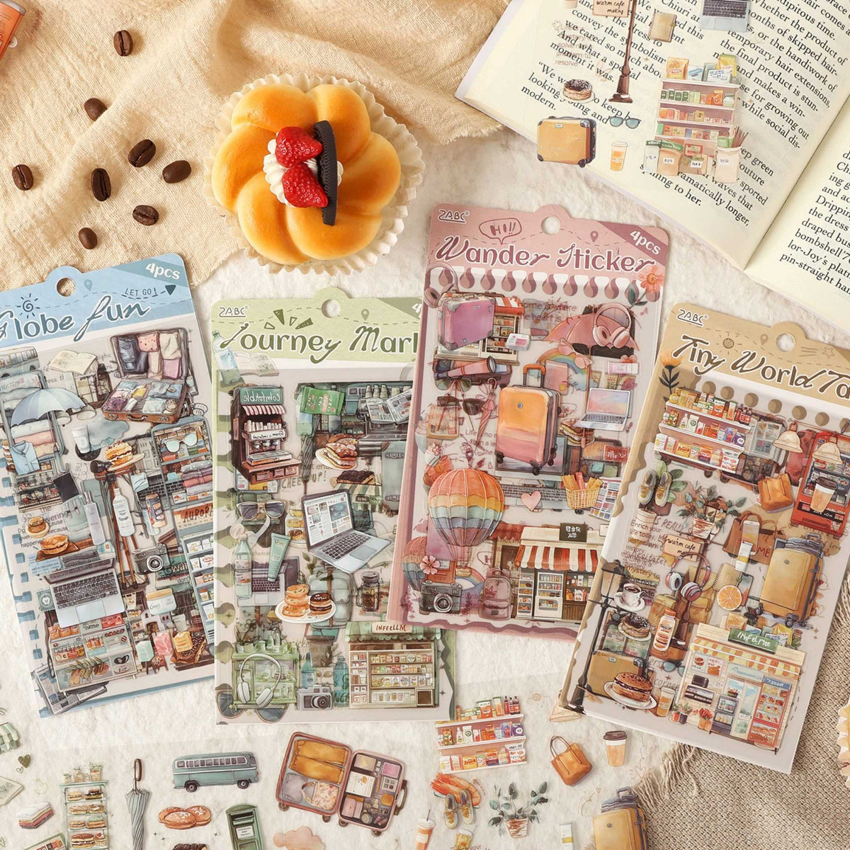 Travel Transparent PET Sticker Set, 4 Assorted Color Packs Flat Lay with Coffee Beans and Book