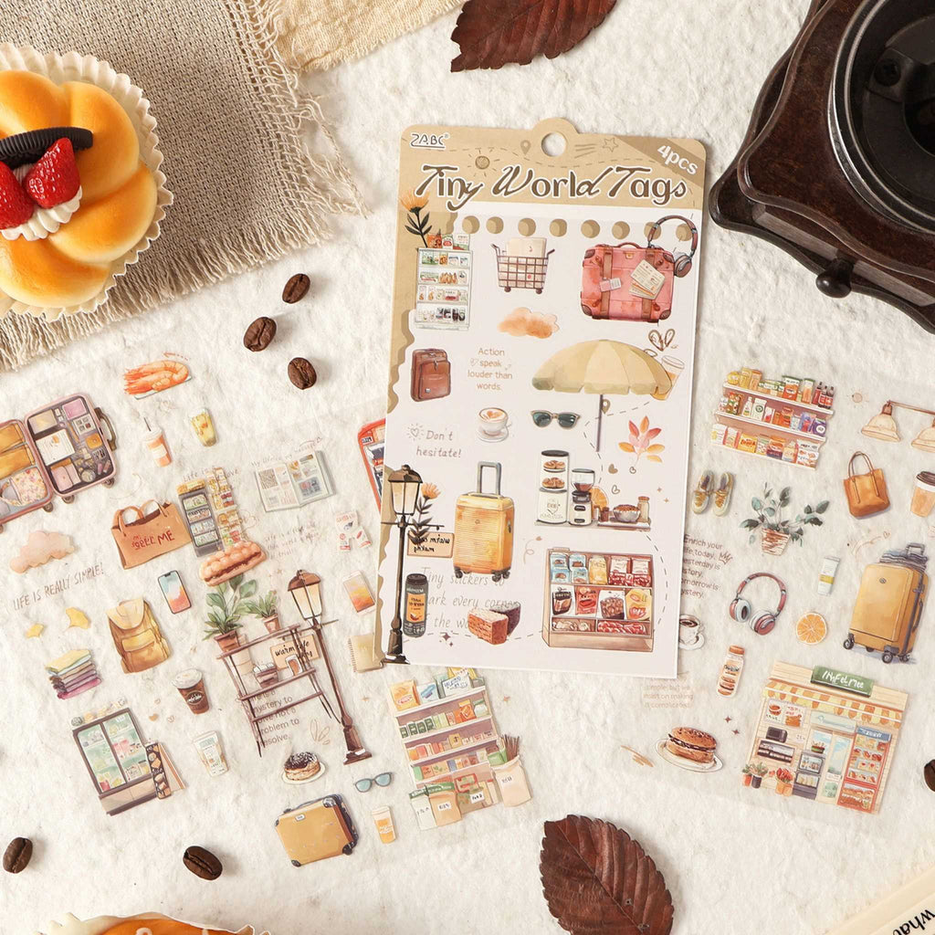 Travel Transparent PET Sticker Set, Assorted Stickers Scattered Flat Lay Showing Travel Motifs