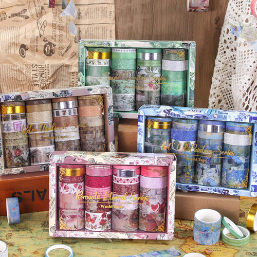 Vintage Elegance Washi Tape Set 24 Rolls Multi-Width, Assorted Boxed Collection on Vintage Wooden Desk