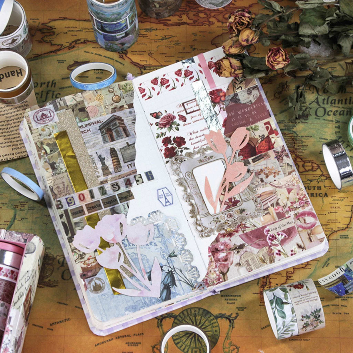 Vintage Elegance Washi Tape Set 24 Rolls Multi-Width, Scrapbooking and Journaling Collage Scene