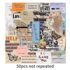 Collage of various cut-out phrases and images on a white background