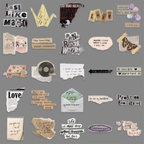 A layout of vintage English collage PET stickers displayed on a gray background, featuring torn paper, handwritten quotes, retro tickets, vinyl records, butterflies, cassette tapes, and envelopes with a retro grunge aesthetic.