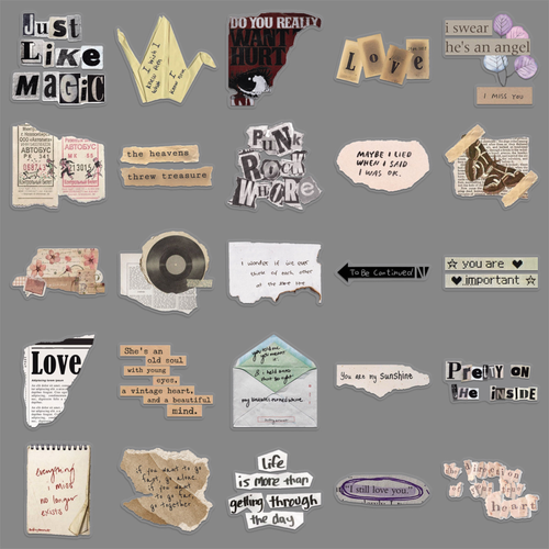 A layout of vintage English collage PET stickers displayed on a gray background, featuring torn paper, handwritten quotes, retro tickets, vinyl records, butterflies, cassette tapes, and envelopes with a retro grunge aesthetic.