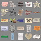 A detailed layout of vintage English collage PET stickers arranged on a gray background, featuring torn paper textures, handwritten quotes, retro tickets, cassette tapes, butterflies, and grunge-inspired typography.