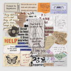 A collage of layered paper pieces with handwritten notes, quotes, a cassette tape, a butterfly illustration, and assorted ephemera arranged on a light background.
