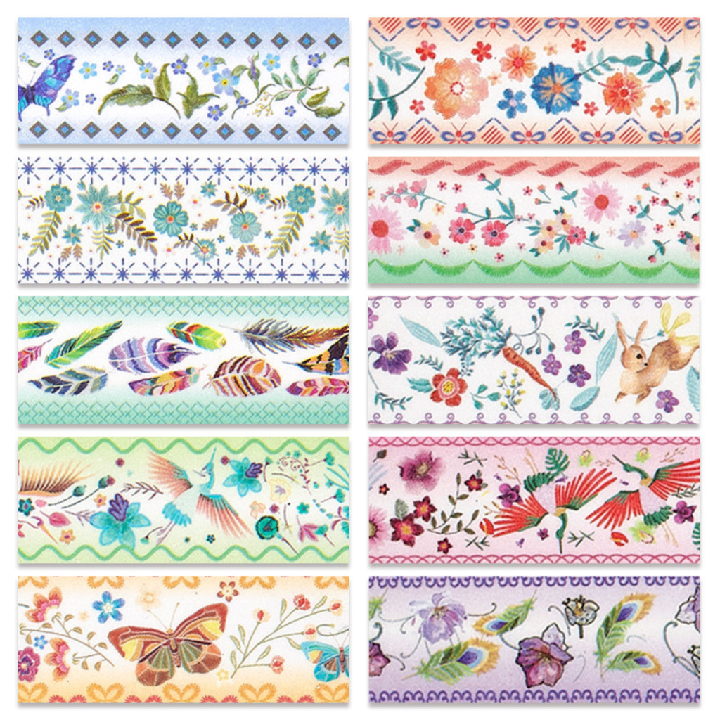 A detailed pattern layout of vintage floral and bird washi tapes, featuring watercolor flowers, leaves, butterflies, feathers, and small animal illustrations in pastel tones.