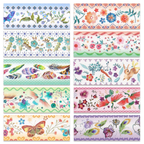 A detailed pattern layout of vintage floral and bird washi tapes, featuring watercolor flowers, leaves, butterflies, feathers, and small animal illustrations in pastel tones.