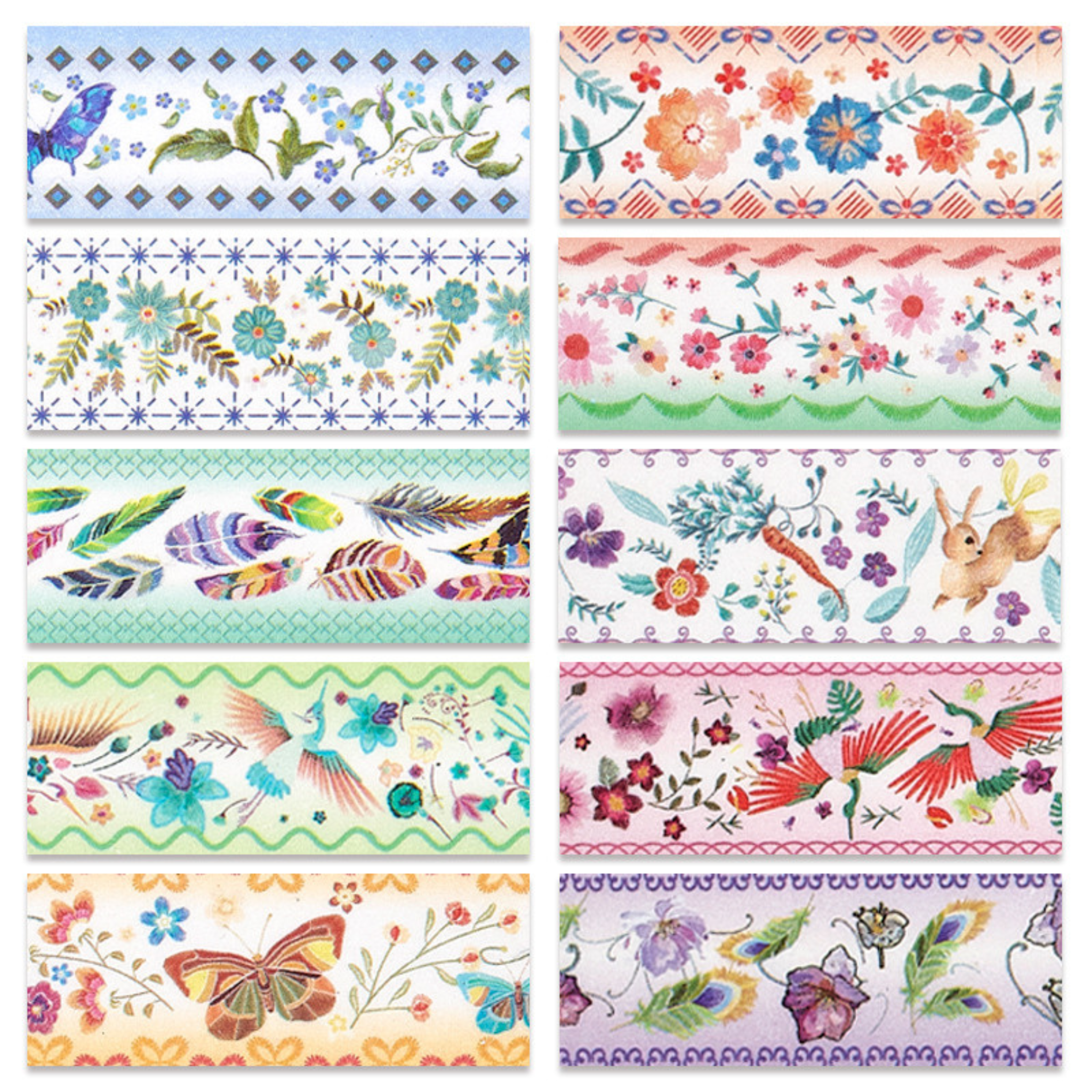 A detailed pattern layout of vintage floral and bird washi tapes, featuring watercolor flowers, leaves, butterflies, feathers, and small animal illustrations in pastel tones.
