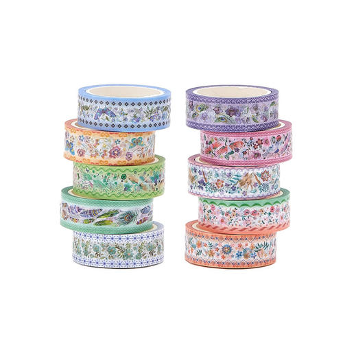 Two stacks of vintage floral and bird washi tape rolls in soft pastel colors, featuring watercolor-style botanical and animal illustrations, standing on a white background.