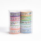 A clear PVC storage box containing 10 rolls of vintage floral and bird washi tape, standing upright on a white background.