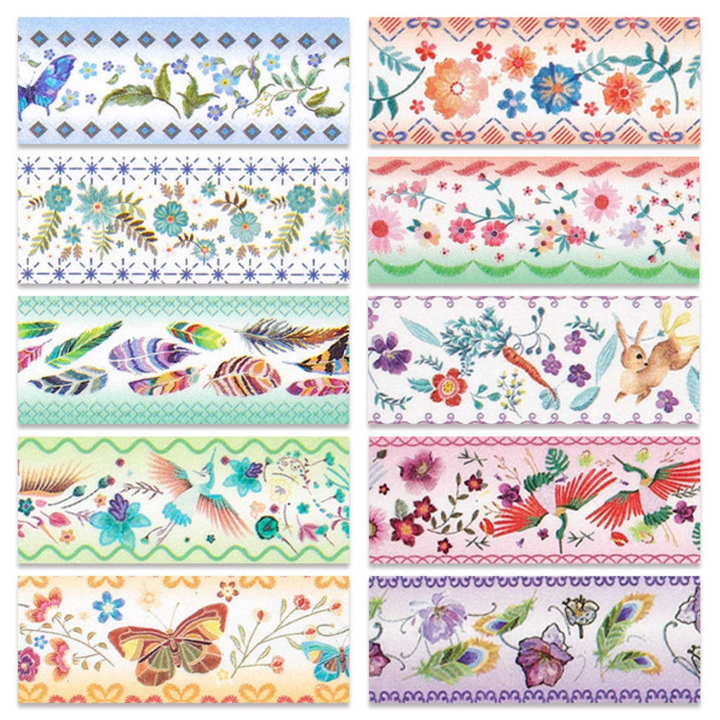 A detailed pattern layout of vintage floral and bird washi tapes, featuring watercolor flowers, leaves, butterflies, feathers, and small animal illustrations in pastel tones.