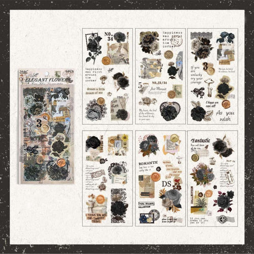 Vintage Floral & Lace PET Sticker Set, Black Theme 6-Sheet Pack Display
